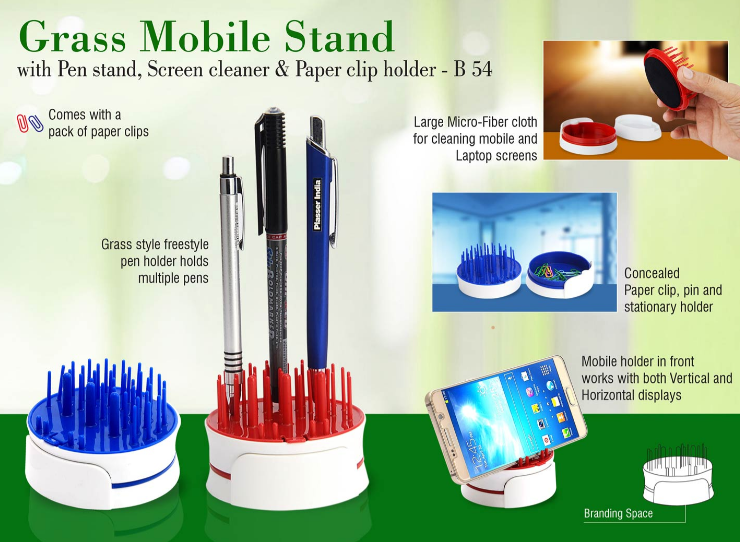 B54 –Grass Mobile stand with Pen stand, screen cleaner & paper clip holder