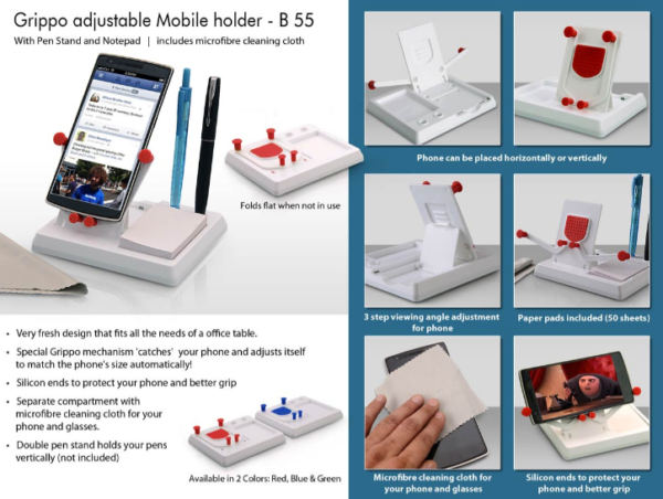 B55 –Grippo Mobile holder with angle adjustment, pen stand, and notepad