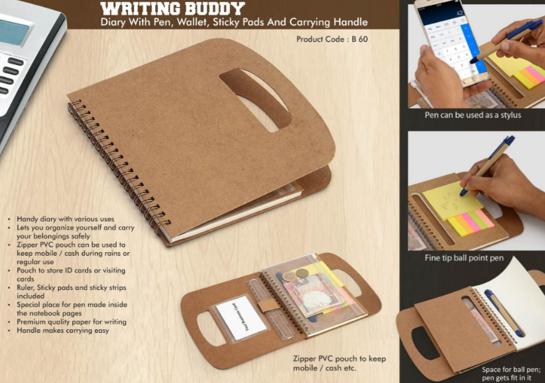 B60 –Writing buddy: Diary with pen, wallet, sticky pads and carrying handle (60 sheets)