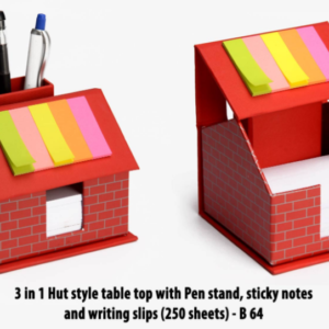 B64 –3 in 1 Hut style table top with Pen stand, sticky notes and writing slips (250 sheets)– Min 10 pcs