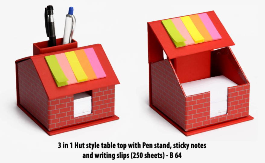 B64 –3 in 1 Hut style table top with Pen stand, sticky notes and writing slips (250 sheets)– Min 10 pcs
