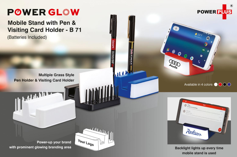 B71 –Powerglow Mobile stand with Pen and visiting card holder (Grass style)– Min 10 pcs