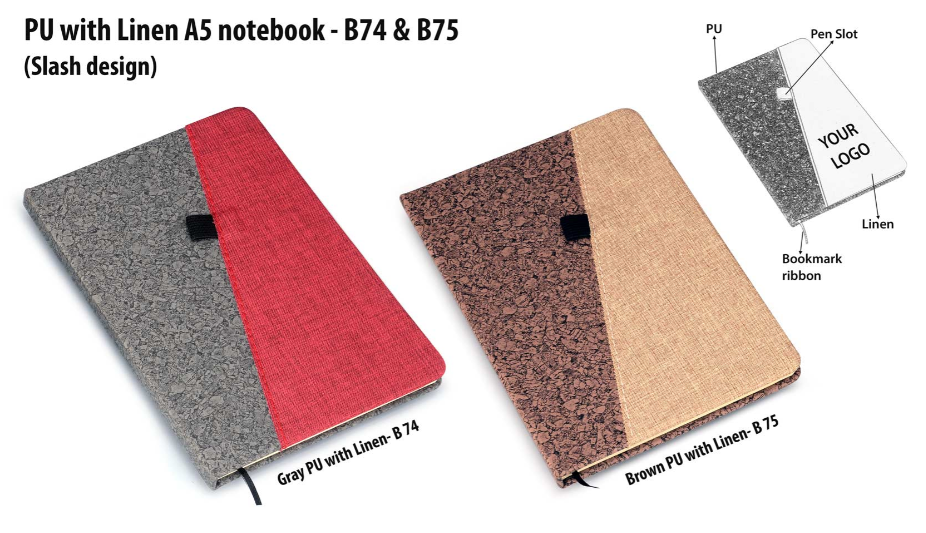 B74 –Gray PU with Linen A5 notebook (Slash design)– Min 10 pcs