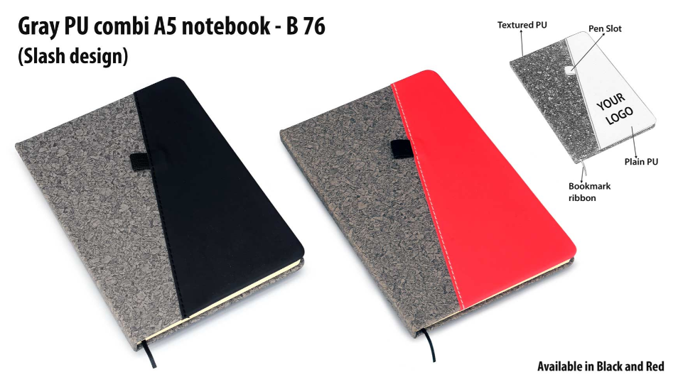 B76 – Gray PU combi A5 notebook (Slash design)– Min 10 pcs