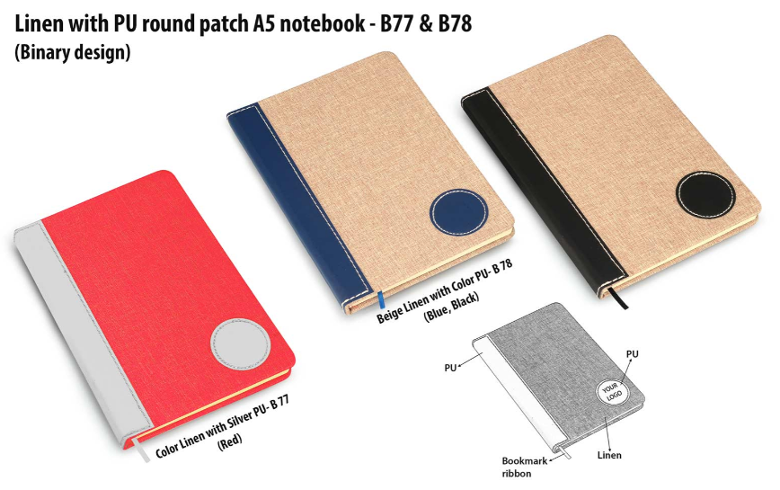 B77 –Colored Linen with PU round patch A5 notebook (Binary design)– Min 10 pcs
