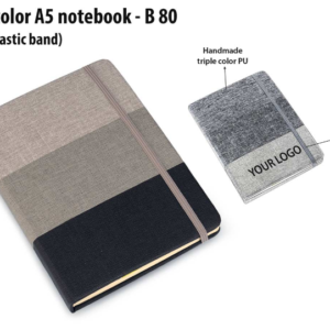 B80 – PU 3 color A5 notebook with elastic fastener– Min 10 pcs