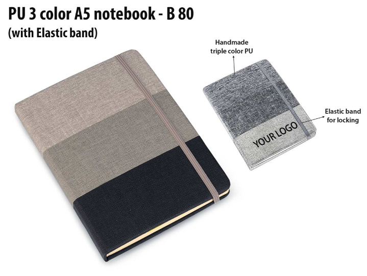 B80 – PU 3 color A5 notebook with elastic fastener– Min 10 pcs