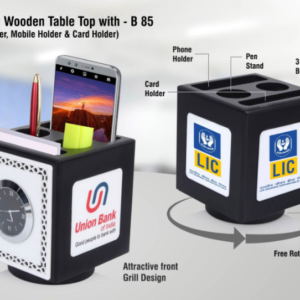 B85 –Revolving wooden table top with Clock, Tumbler, mobile holder and Card holder