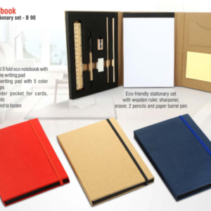 B90 –3 fold notebook with wooden stationary set– Min 10 pcs