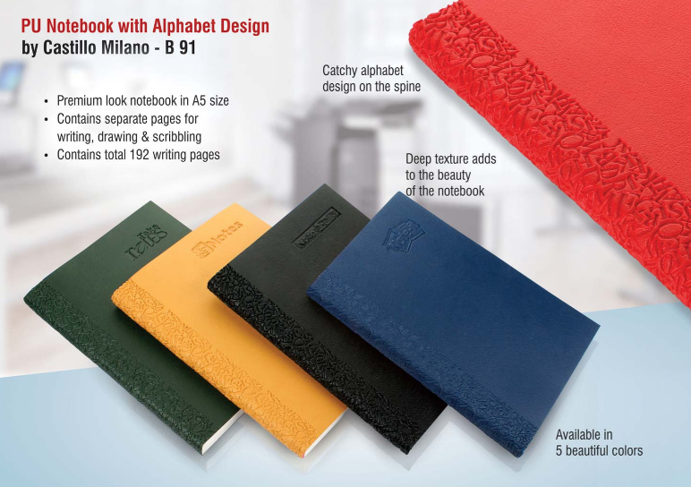 B91 –PU notebook with alphabet design by Castillo Milano– Min 10 pcs