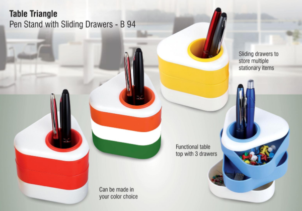 B94 –Table triangle: Pen stand with sliding drawers - MOQ 500