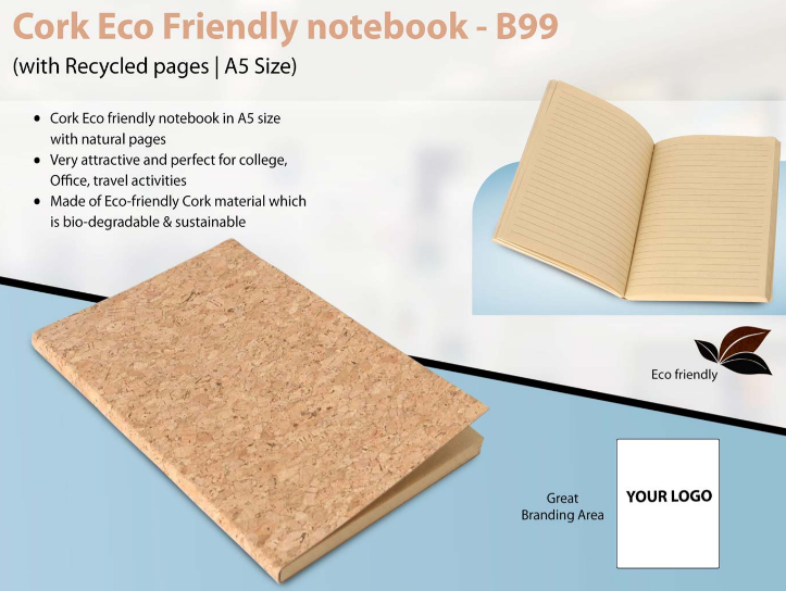 B99 –Cork Eco Friendly notebook with Recycled pages | A5 Size– Min 10 pcs