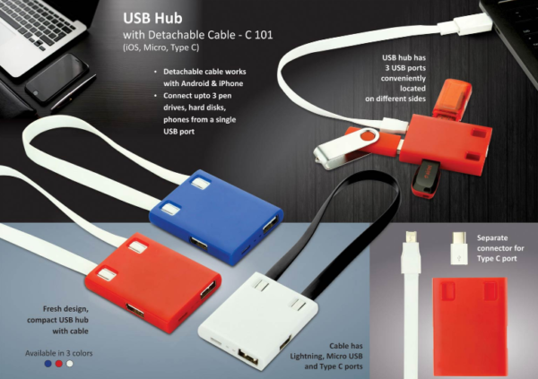 C101 – USB Hub with detachable cable (iOS, Micro, Type C) | 3 USB ports