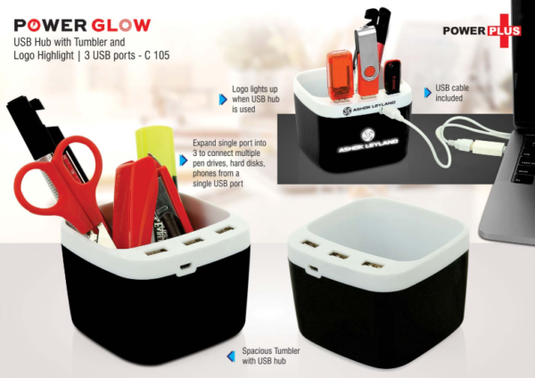C105 – PowerGlow USB hub with tumbler and logo highlight | 3 USB ports
