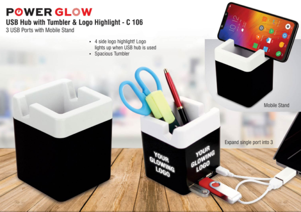 C106 – PowerGlow USB hub with tumbler and logo highlight | 3 USB ports | with mobile stand