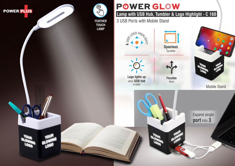 C160 – PowerGlow Table Lamp with USB hub, tumbler and logo highlight | 3 USB ports | With mobile stand