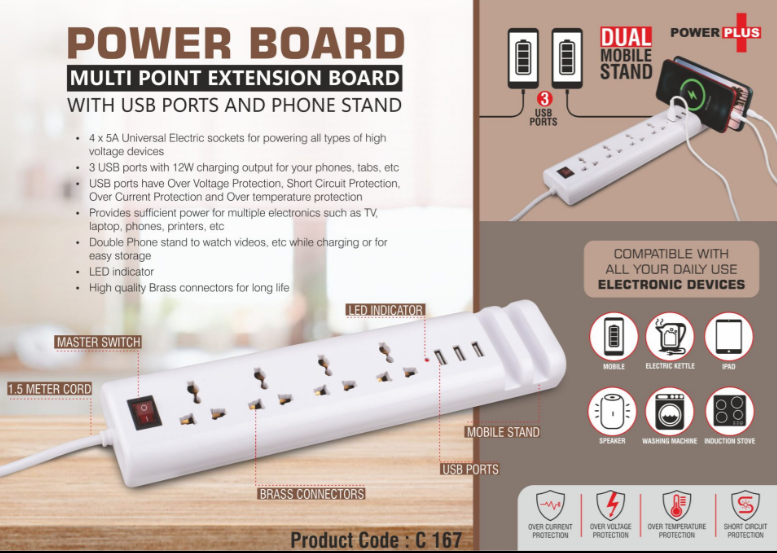 C167 – Power Board: Multi point extension board with USB ports and phone stand -