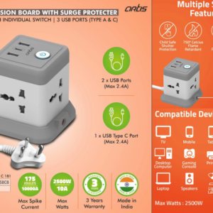 C181 – Artis Extension board with surge protecter | 4 sockets with individual switch | 3 USB ports (Type A & C) (AR-4SS-3USBCB) (MRP 1999)– Min 10 pcs