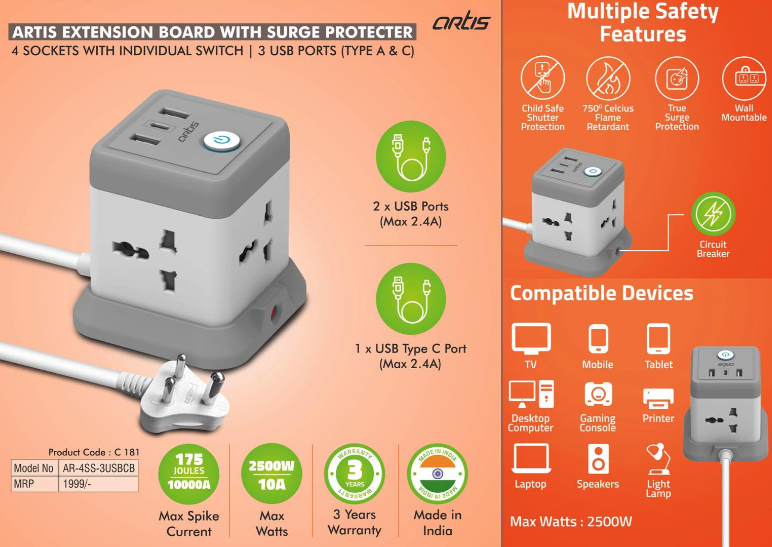 C181 – Artis Extension board with surge protecter | 4 sockets with individual switch | 3 USB ports (Type A & C) (AR-4SS-3USBCB) (MRP 1999)– Min 10 pcs