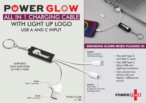 C182 – PowerGlow All in 1 Charging cable with light up logo | Supports Data Function in Type C port | USB A and C input