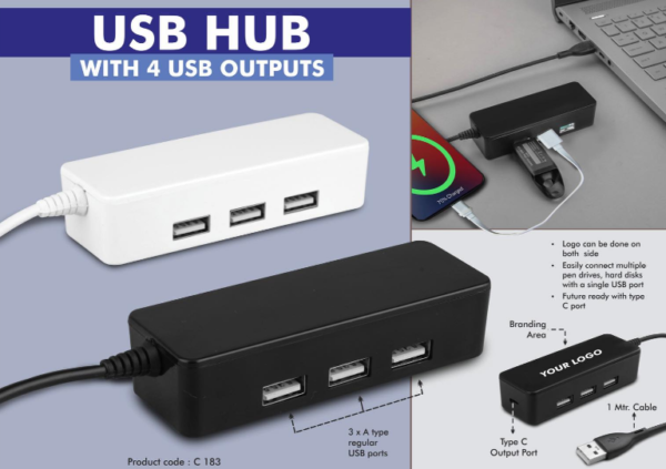 C183 – USB hub with 4 USB outputs | Type C output port | 1 mtr cable