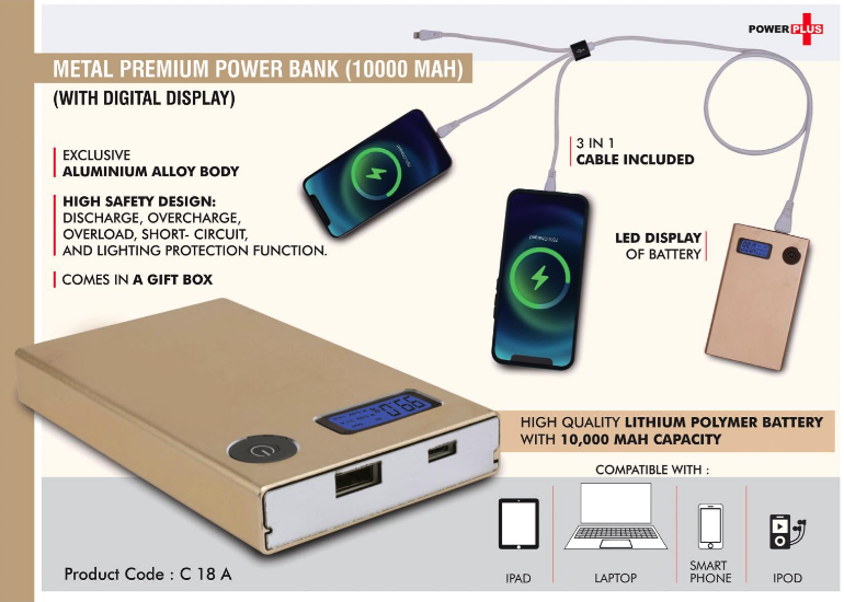 C18a – Magic box Premium Power Bank (10000 mAh) (in-built cables) (for all smartphones)– Min 10 pcs