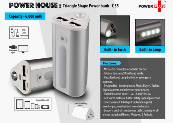 C35 – Power Plus Power House : Triangle shape Power Bank with Lamp and Torch (Dual USB Port) (6000 mAh)