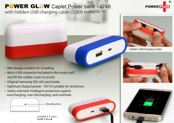 C46 – Caplet Power bank with hidden wire (3,000 mAh)