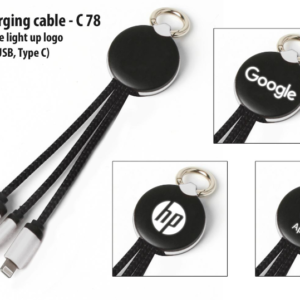 C78 – Clip-on charging cable with double side light up logo (iOS, Micro-USB, Type C)