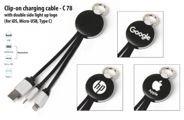 C78 – Clip-on charging cable with double side light up logo (iOS, Micro-USB, Type C)