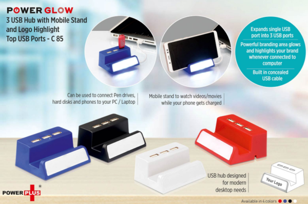 C85 – PowerGlow 3 USB hub with mobile stand and logo highlight (Top USB)