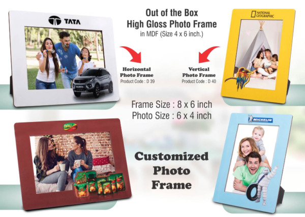 D40 – Out of the box High Gloss Photo Frame in MDF | With customized frame & insert | Photo size 4×6 inch | Vertical | MOQ 100 pcs
