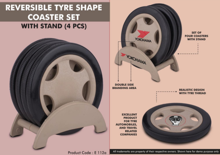 E112a – Reversible Tyre shape coaster set with stand (4 pcs)