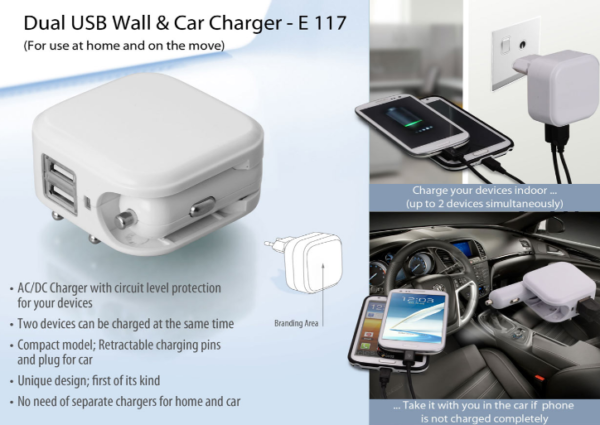 E117 – Wall and car charger- Dual USB