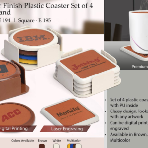 E194 – Leather finish Plastic coaster set of 4 with stand (round) - MOQ 1000Pcs