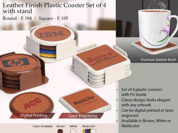 E195 – Leather finish Plastic coaster set of 4 with stand (square) - MOQ 1000Pcs