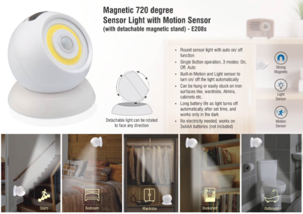 E208s – Magnetic 720 degree Sensor light with motion sensor (with detachable magnetic stand)