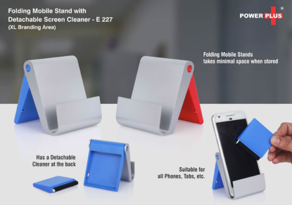 E227 – Folding mobile stand with detachable screen cleaner (XL branding area)