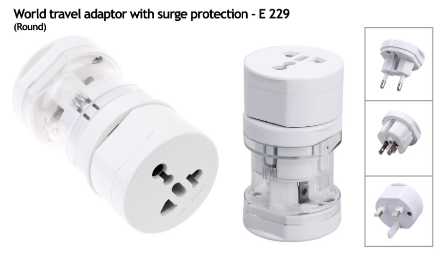 E229 – World travel adaptor with surge protection (round)