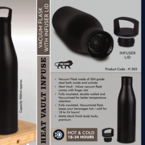 H303 – HeatVault Infuse: 900 ml vacuum flask with infuser lid | 304 steel inside & outside | 18 hours hot/cold