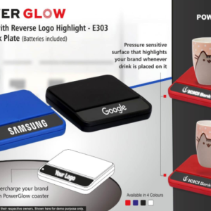 E303 – PowerGlow coaster with Reverse logo highlight | With Black plate (batteries included)