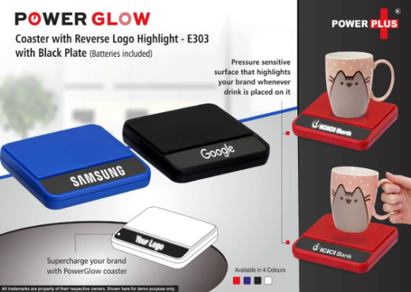 E303 – PowerGlow coaster with Reverse logo highlight | With Black plate (batteries included)