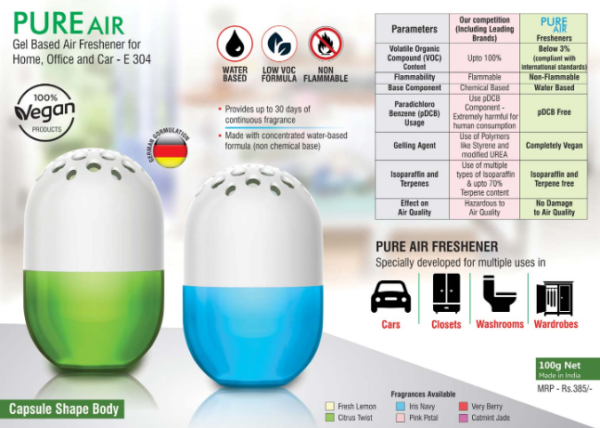 E304 – Pure Air: Gel based air freshener for Home, Office and Car | Capsule shape | Net 100 grams | MRP 385