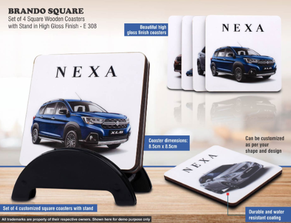 E308 – Brando Square: Set of 4 Square Wooden coasters with Stand in High Gloss Finish | MOQ 100 pcs