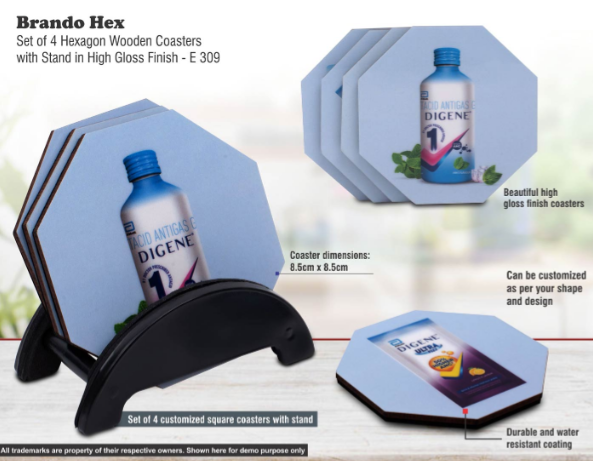E309 – Brando Hex: Set of 4 Hexagon Wooden coasters with Stand in High Gloss Finish | MOQ 100 pcs