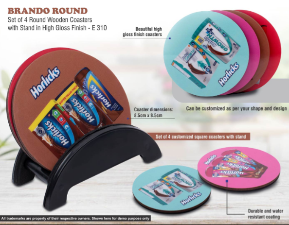 E310 – Brando Round: Set of 4 Round Wooden coasters with Stand in High Gloss Finish | MOQ 100 pcs