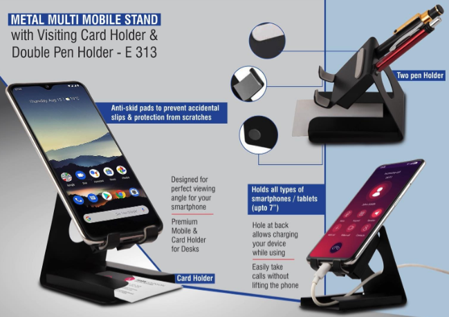 E313 – Metal multi mobile stand with Visiting card holder and double pen holder