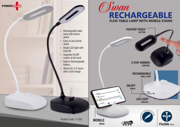 E320 – Rechargeable Flexi table lamp with Mobile stand | 3 step dimmer control | Feather Touch button
