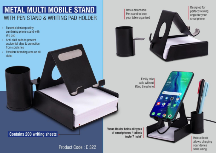 E322 – Metal mobile stand with Detachable Tumbler and Writing pad holder | 200 writing sheets included