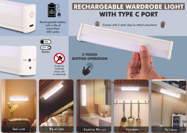 E333 – Rechargeable wardrobe light With Type C port | Touch sensor button | 3 step brightness | Metal clamp & screws included